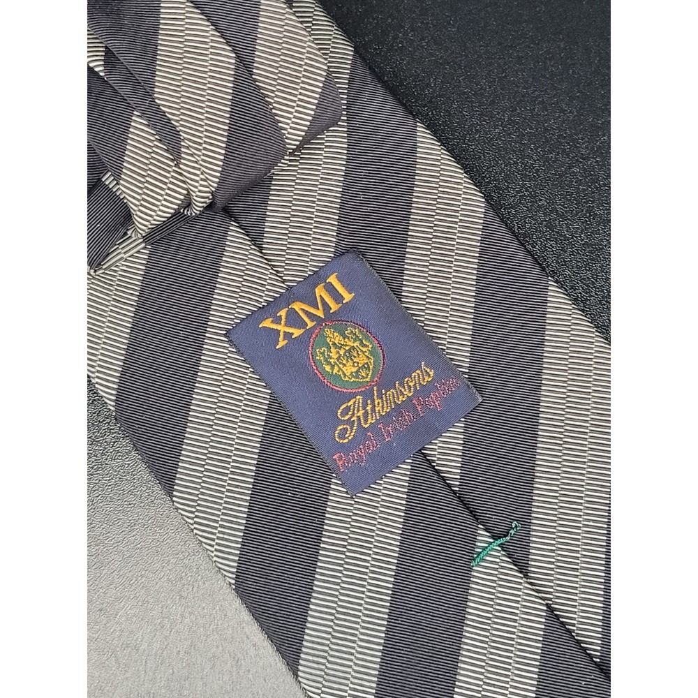 XMI Atkinsons Royal Irish Poplin Tie Navy Silver Stripe Silk Wool 3.75